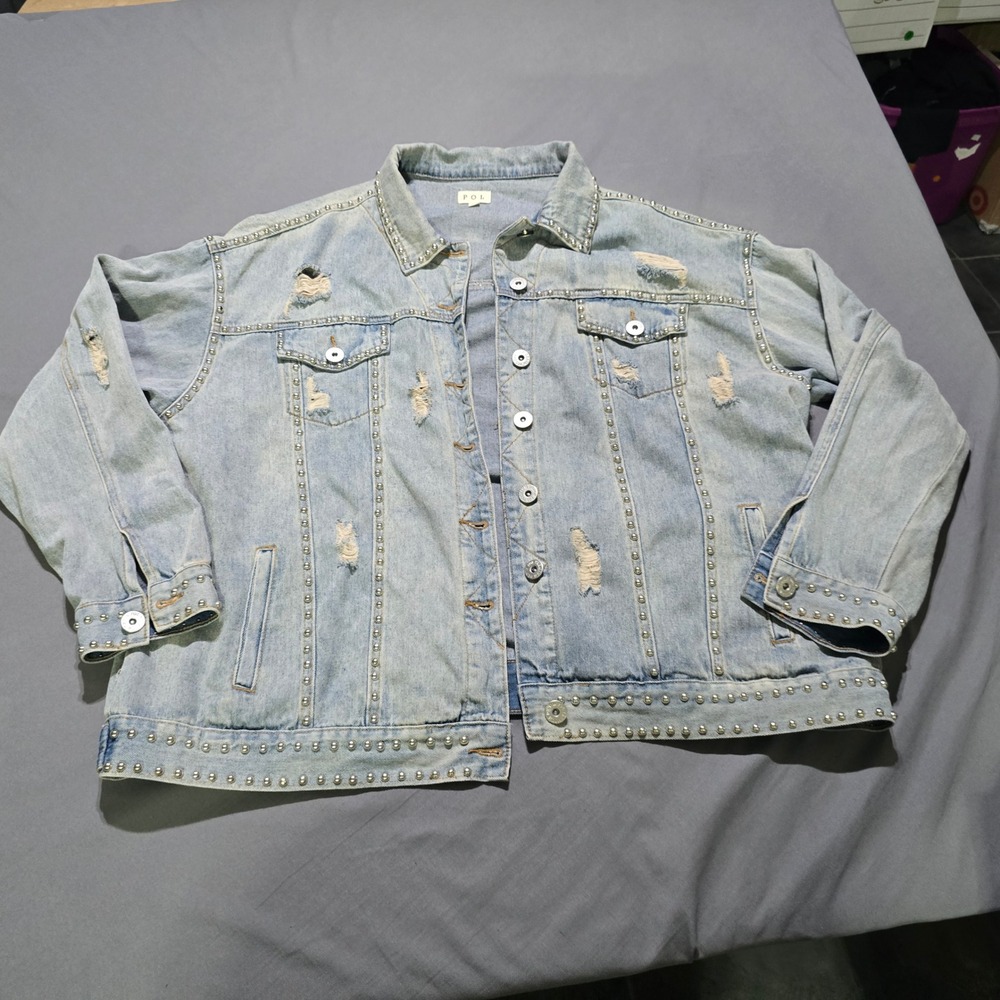 POL Denim Jacket Women Large Blue Distressed Studded Jean Jacket TWJ37VC